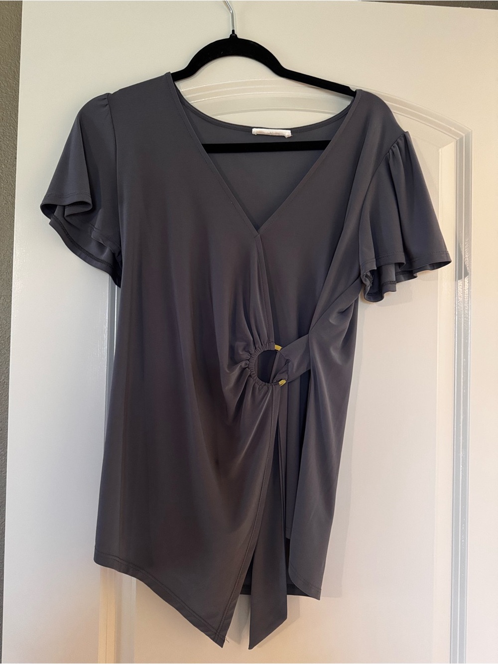 Gray V-Neck Faux Wrap Top with Ring Detail